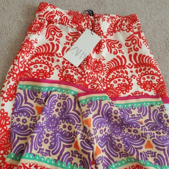 Zara * satin red printed wide leg pants Size XS - Picture 13 of 13